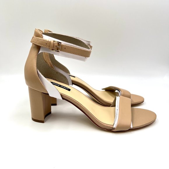Nine West Size 10 Beige Nude Natural Tan Leather Block Heels Sandals Shoes - Picture 1 of 14
